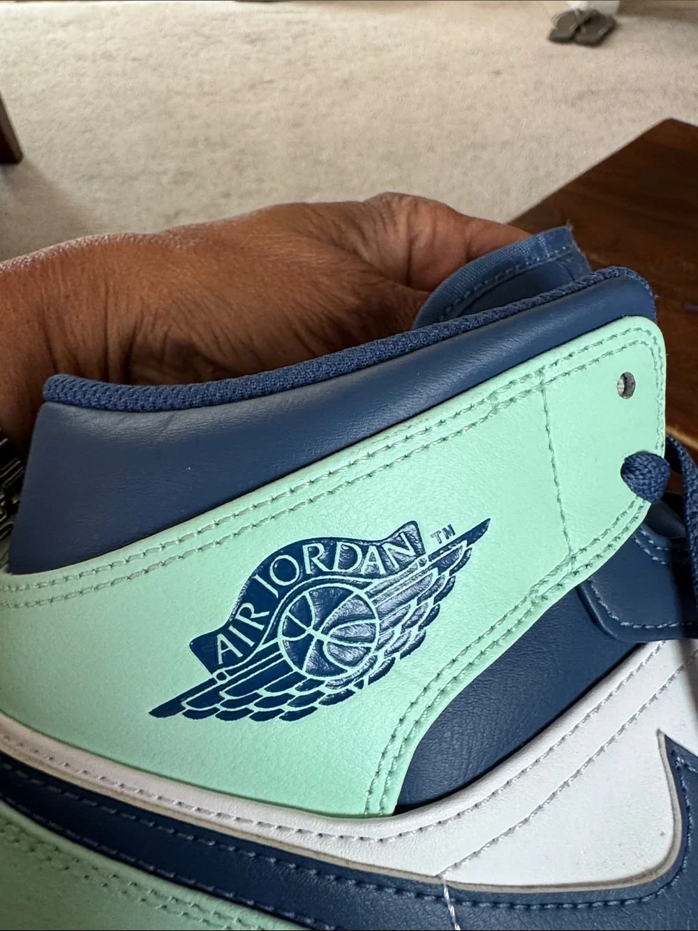 Air Jordan Mid Top Sneakers in Navy, White & Light Green